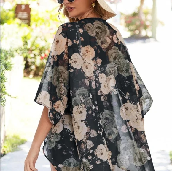 Floral Print Puff Sleeve Kimono Cardigan Loose Casual Blouse Large - Picture 6 of 6